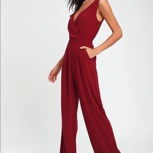 Lulus Kiska Burgundy Lace Wide-Leg Jumpsuit - Small